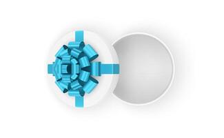 White circle empty open gift box with blue bow ribbon top view 3d icon realistic illustration vector