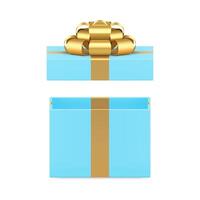 Blue wrapped open gift box rectangular pack with golden bow ribbon 3d icon realistic vector