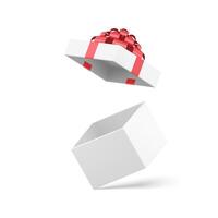 Open white empty gift box with cap red bow ribbon displaced festive pack 3d icon realistic vector