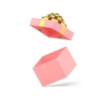 Empty pink squared gift box with open cap and golden bow ribbon 3d icon realistic vector