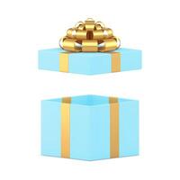 Blue luxury empty gift box with open cap and golden bow ribbon 3d icon realistic illustration vector