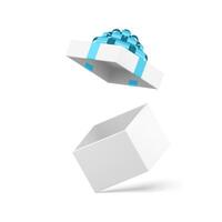 White squared open gift box with blue bow ribbon on cap present pack 3d icon realistic vector