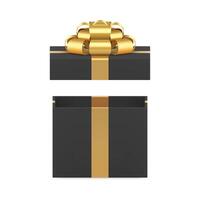 Black wrapped rectangular open gift box with luxury golden bow ribbon 3d icon realistic vector
