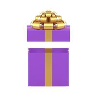 Violet squared gift box open pack with luxury golden bow ribbon 3d icon realistic vector
