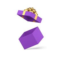 Purple expensive empty gift box with open cap and golden bow ribbon 3d icon realistic vector