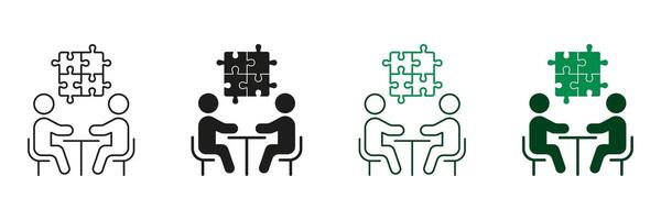Puzzle and Team Work Line and Silhouette Icon Set. Business Teamwork Connection, Management Concept. Editable Stroke. Isolated Illustration vector