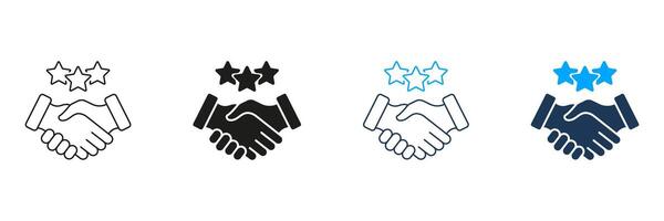 Handshake With Stars Pictogram. Best Partnership Line and Silhouette Icon Set. Client Review Symbol. Business Communication And Support. Editable Stroke. Isolated Illustration vector