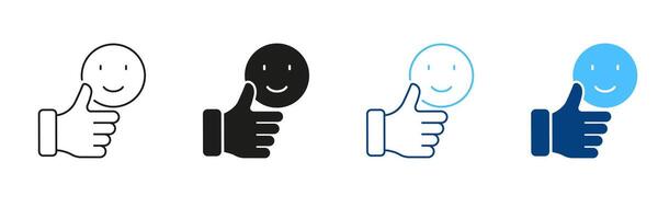 Thumb Up With Emoticon Line and Silhouette Icon Set. Best Customer Feedback Pictogram. Happy Face, Like Symbol. Positive Emoji Button. Editable Stroke. Isolated Illustration vector