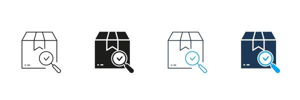 Carton Box with Magnifier and Checkmark Line and Silhouette Icon Set. Check Parcel Pictogram. Delivery Service Symbol. Editable Stroke. Isolated Illustration vector