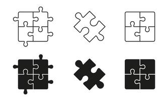 Square Puzzle Line and Silhouette Icon Set. Puzzle Piece Pictogram. Jigsaw Part Symbol. Editable Stroke. Isolated Illustration vector