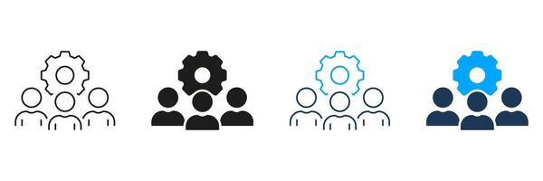 Workforce Line and Silhouette Icon Set. People with Gear Pictogram, Team Work Concept. Manager with Cog Wheel. Project Management, Teamwork Symbol. Editable Stroke. Isolated Illustration vector