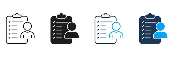 Resume Document Line and Silhouette Icon Set. CV Letter Form Pictogram. Employment Paper, Interview Candidate Symbol. Profile Information. Editable Stroke. Isolated Illustration vector