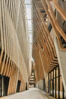 The inside of a building with wooden structures photo