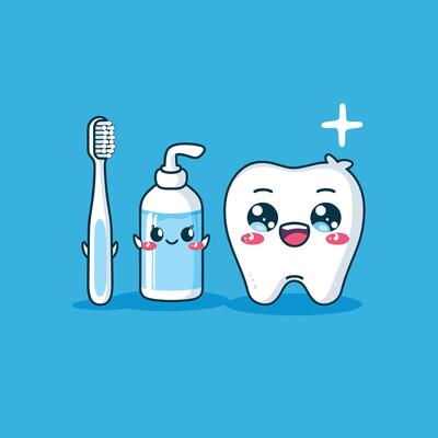 Cute cartoon dental hygiene set featuring smiling toothbrush, toothpaste, and tooth characters on bright blue background