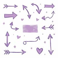 Hand-drawn purple arrows and hearts on a white background, showing various directions with playful elements. vector