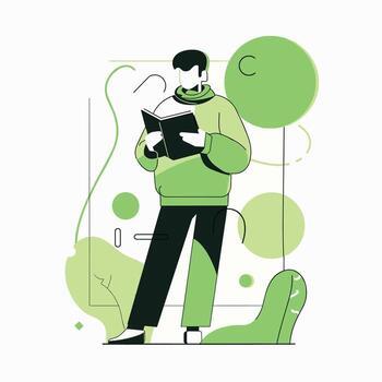 Stylized illustration of a man reading a book, surrounded by abstract green shapes and geometric elements. vector