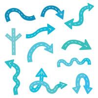 A collection of various blue arrows with diverse shapes and directions on a white background. vector