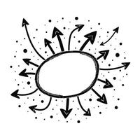 Hand-drawn oval with multiple arrows pointing outward, surrounded by dots. vector