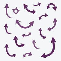 Set of various purple arrows with grunge texture on a white background. vector