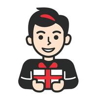 Cheerful cartoon character holding a wrapped gift box with red ribbon, depicting joy of giving or receiving presents vector