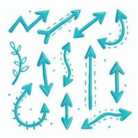 A set of blue hand-drawn arrows with various styles on a white background. vector