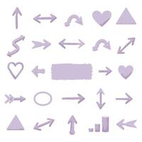 A collection of purple hand-drawn arrow, heart, triangle, and circle shapes on a white background. vector