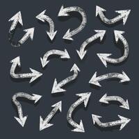 A collection of white, hand-drawn, textured arrows on a dark background in various directions and styles. vector
