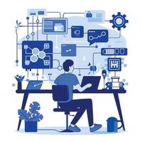 Male programmer working on a complex project with multiple digital elements on a blue-themed interface background. vector