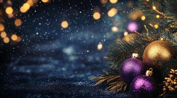 Elegant Christmas tree adorned with golden and purple ornaments, sparkling under falling snowflakes photo