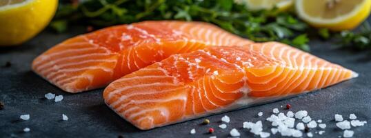 Fresh salmon fillets prepared with herbs and garnished with lemon slices and salt crystals photo