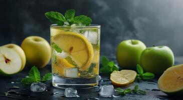 Refreshing citrus and apple cocktail with ice and mint on a dark background photo