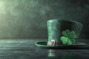 Green felt hat with a clover on a textured backdrop for St. Patrick's Day photo
