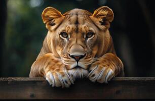 A lioness resting with her paws on a log in a calm, dimly lit environment photo