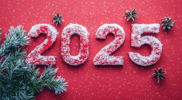 Festive snow-covered numbers 2025 adorned with greenery on a bright red background photo