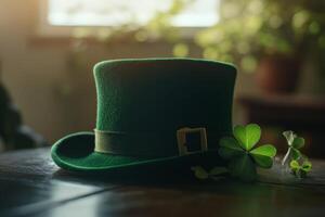 A green top hat adorned with a clover on a wooden table in a cozy setting during daylight photo