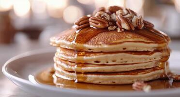 Delicious stack of fluffy pancakes topped with pecans and syrup on a rustic table photo