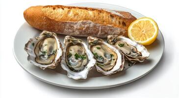 Fresh oysters served with a slice of lemon and a baguette on a white plate in a restaurant setting photo