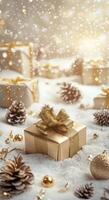 Beautifully wrapped gifts and festive decorations scattered in a snowy winter wonderland setting photo