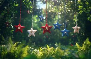 Colorful hanging stars in a serene forest setting during daylight photo