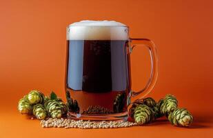 A hearty mug of dark beer surrounded by hops and grains on a vibrant orange background photo