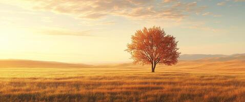 A solitary tree stands in a vast field during golden hour with a beautiful sky in the background photo