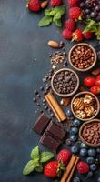 A colorful array of fresh berries, nuts, and chocolate arranged artistically on a dark surface photo