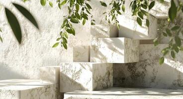Marble steps illuminated by soft sunlight with green leaves in a serene indoor space photo