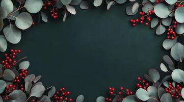 Green foliage with red berries arranged on a textured dark background for seasonal decoration photo