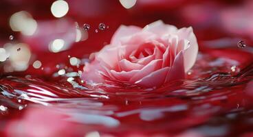 A pink rose surrounded by splashing water drops in a serene, red petal-filled setting photo