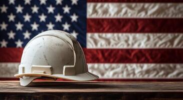 Rustic hard hat resting on wooden surface with American flag backdrop in a construction setting photo