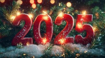 Decorative 2025 New Year display with lights and festive greenery on a snowy background photo