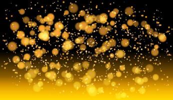 Image shows a golden bokeh light effect with numerous circles of varying sizes against a black background, transitioning to gold at the bottom. Concept of festive or celebratory decoration vector