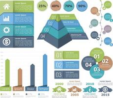 Infographic design elements - flowchart, bar graph, pyramid chart, process diagram, progress indicators, timeline, circle diagram vector