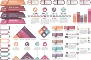 Infographic elements - objects for text and numbers or icons, timeline, process diagram, bar chart, percents graphs vector